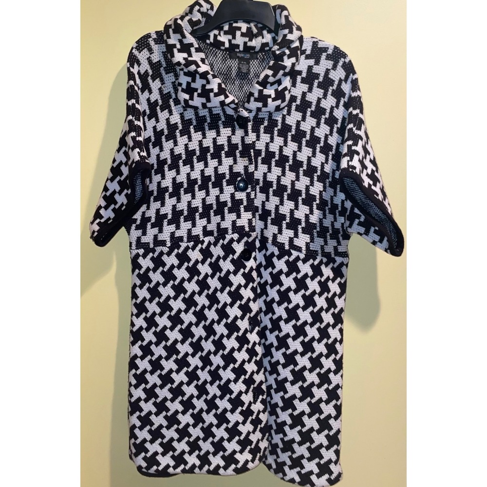 Style & Co Women Black White Houndstooth Button Front Shawl Collar Cardigan P/XL